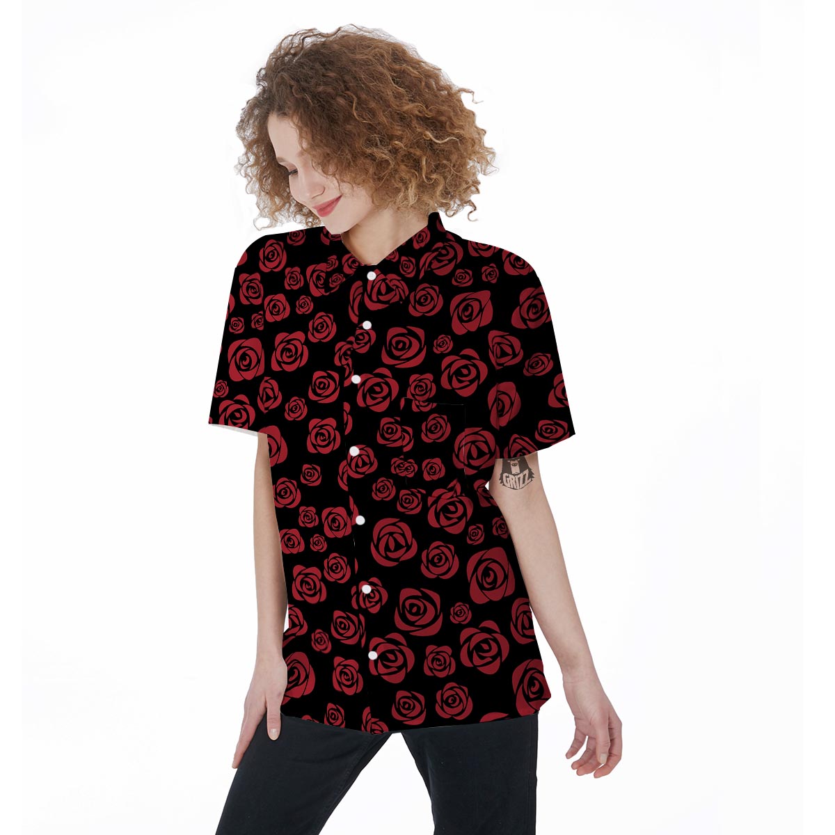 Red Rose Floral Doodle Women's Short Sleeve Shirts-grizzshop