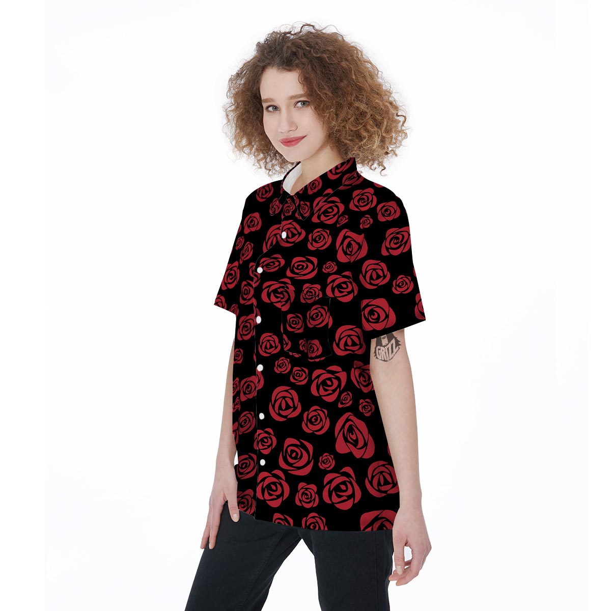 Red Rose Floral Doodle Women's Short Sleeve Shirts-grizzshop