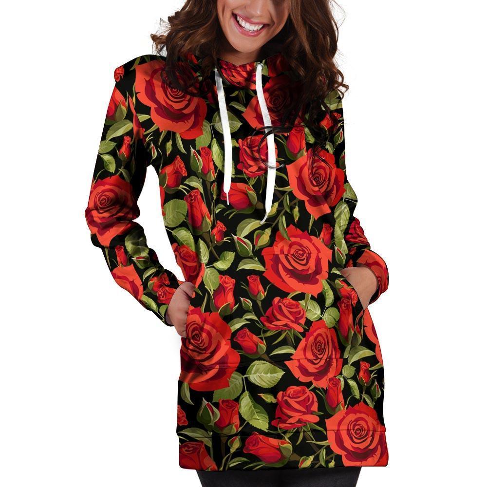 Red Rose Floral Hoodie Dress-grizzshop