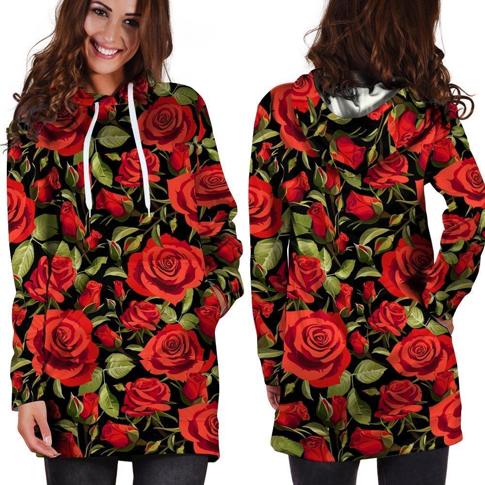 Red Rose Floral Hoodie Dress-grizzshop