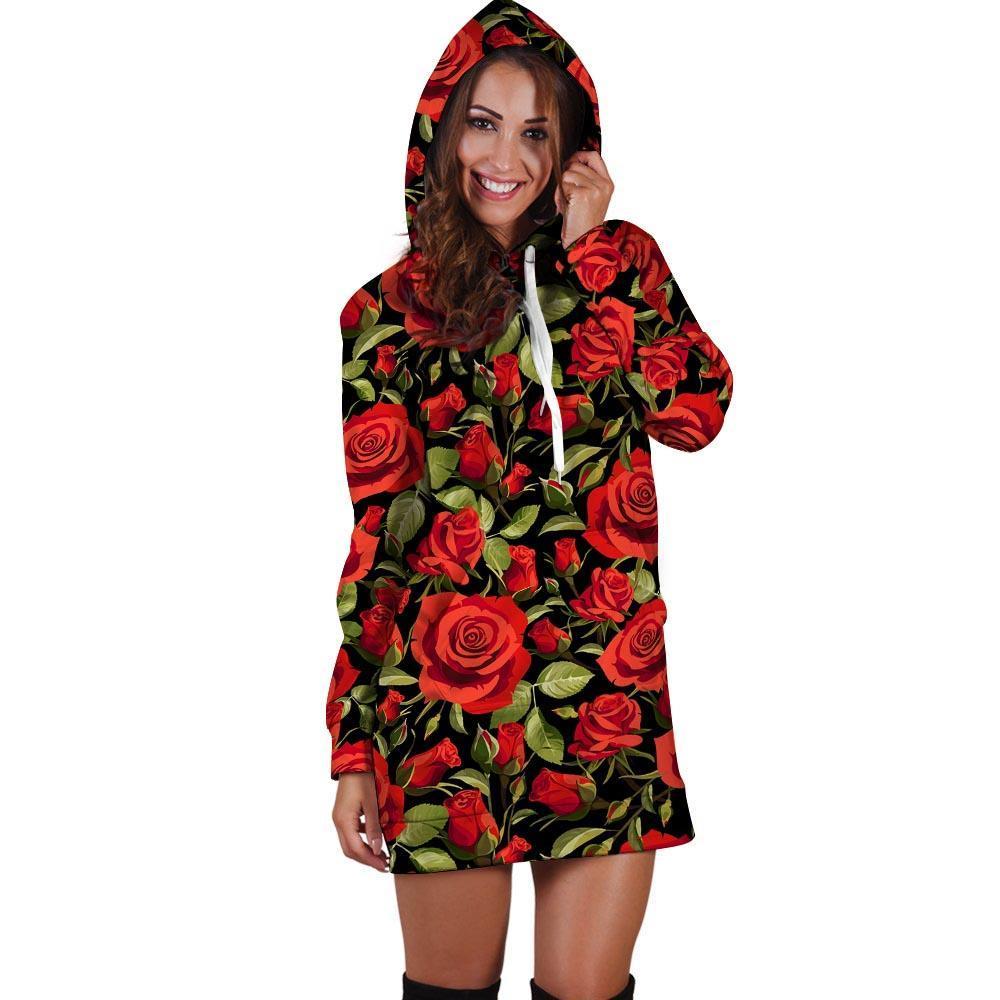 Red Rose Floral Hoodie Dress-grizzshop