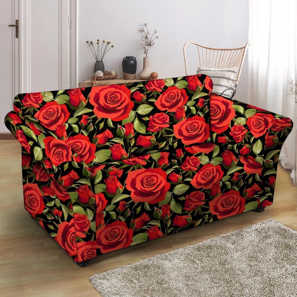 Red Rose Floral Loveseat Cover-grizzshop