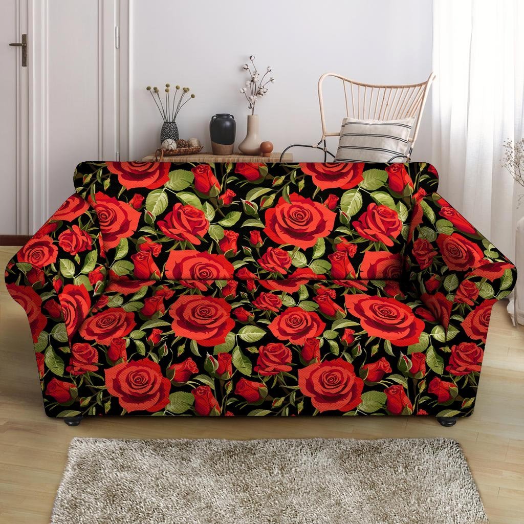 Red Rose Floral Loveseat Cover-grizzshop