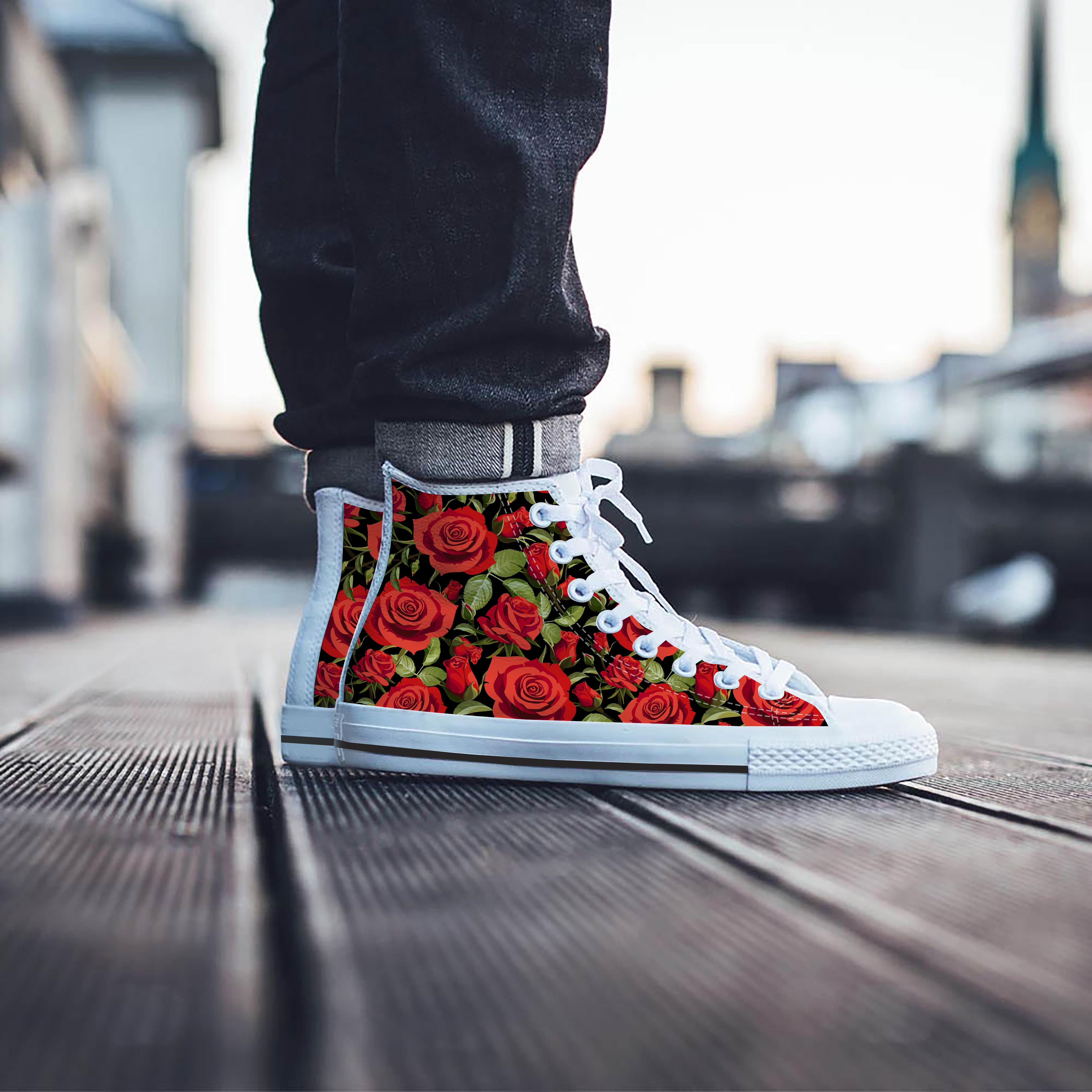 Red Rose Floral Men's High Top Shoes-grizzshop