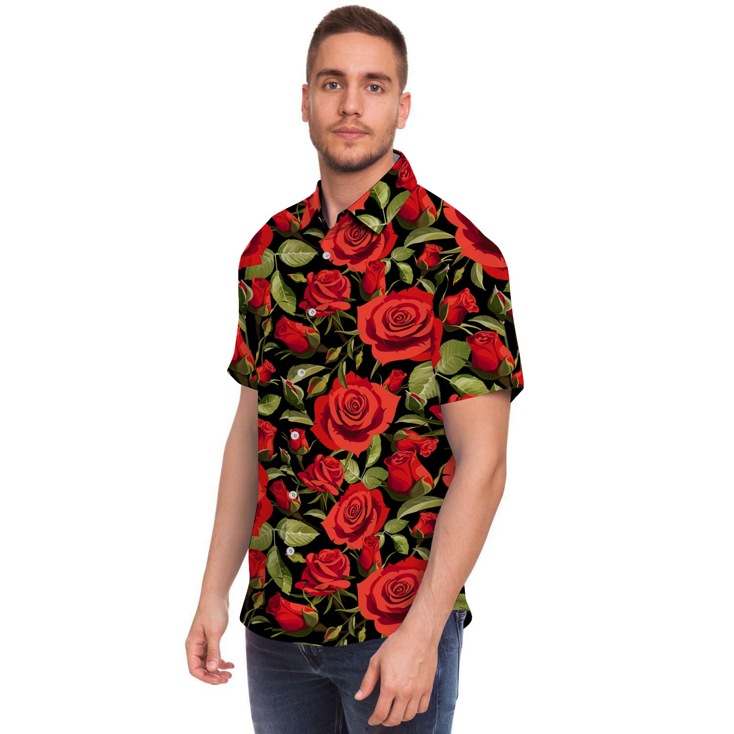 Red Rose Floral Men's Short Sleeve Shirt-grizzshop