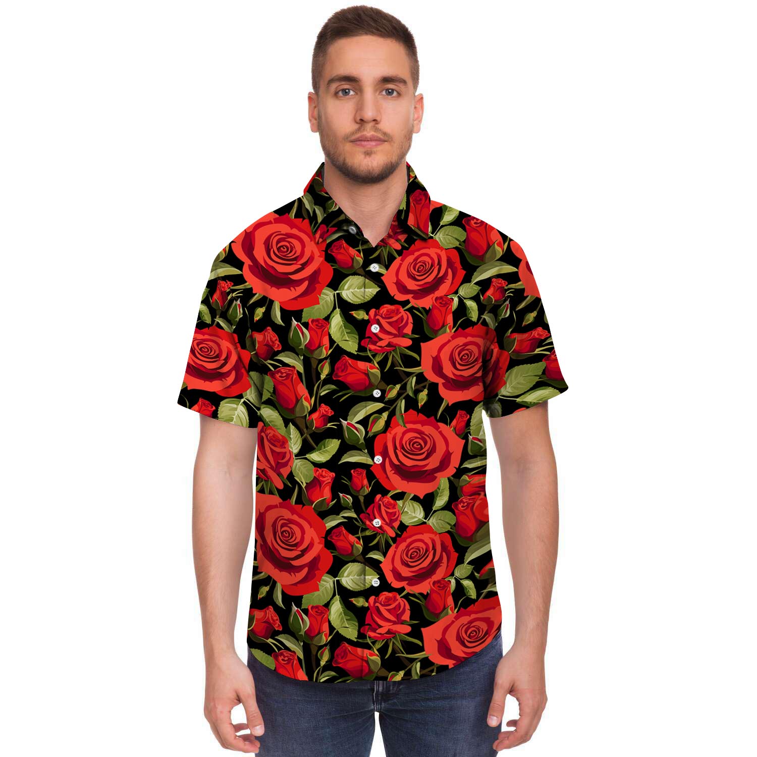 Red Rose Floral Men's Short Sleeve Shirt-grizzshop