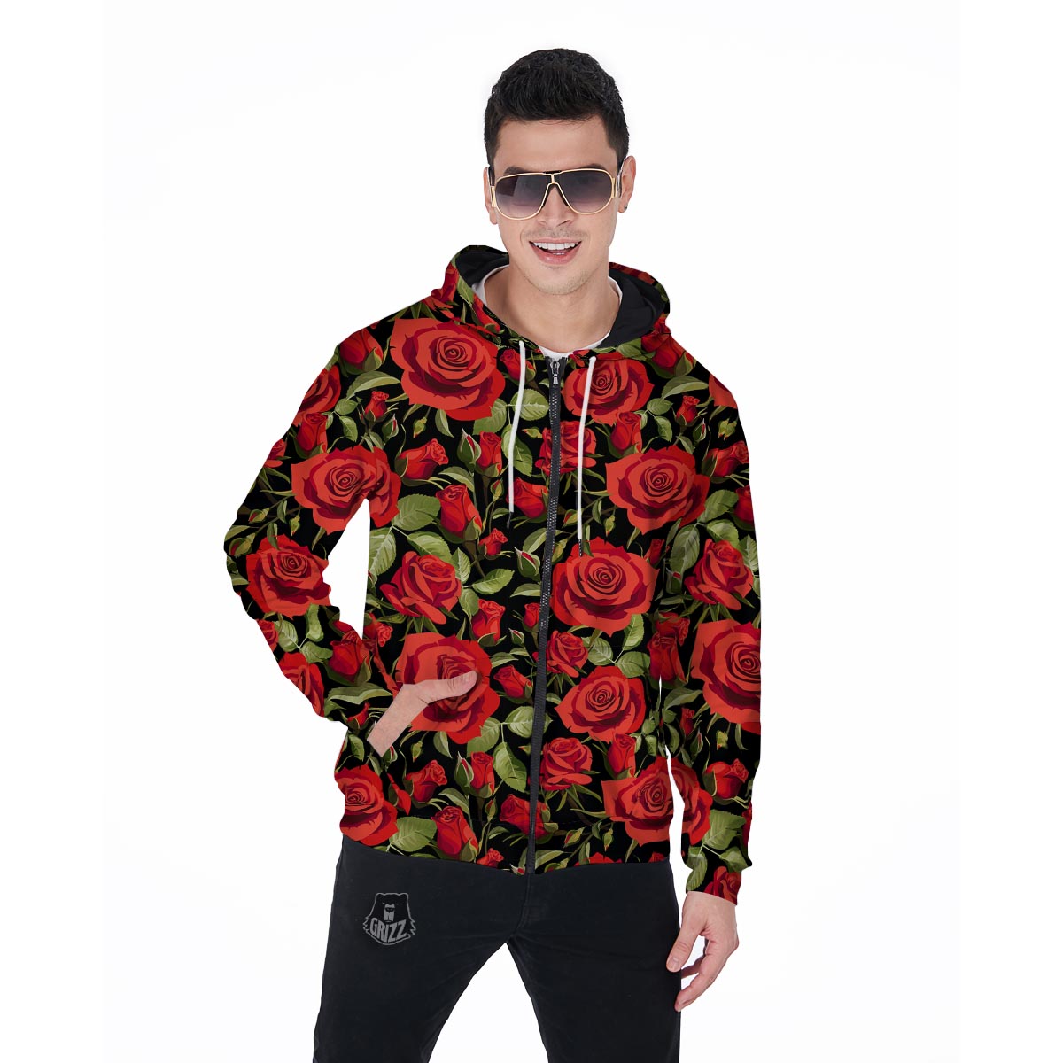 Red Rose Floral Men's Zip Up Hoodie-grizzshop