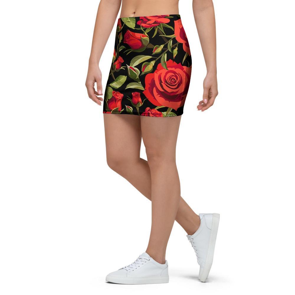 Red Rose Floral Mini Skirt-grizzshop