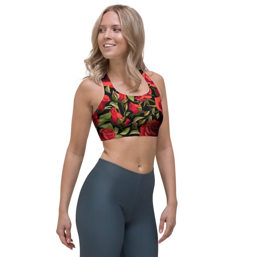 Red Rose Floral Sports Bra-grizzshop