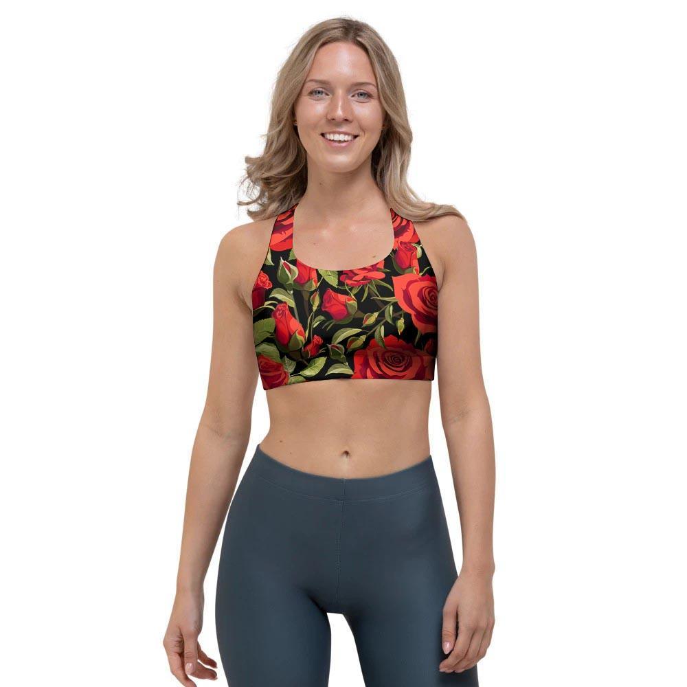 Red Rose Floral Sports Bra-grizzshop