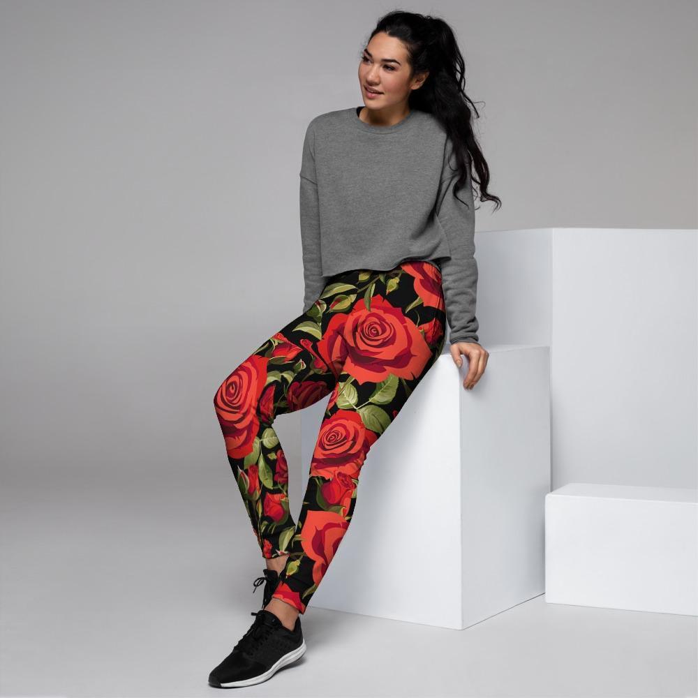 Red Rose Floral Women's Joggers-grizzshop