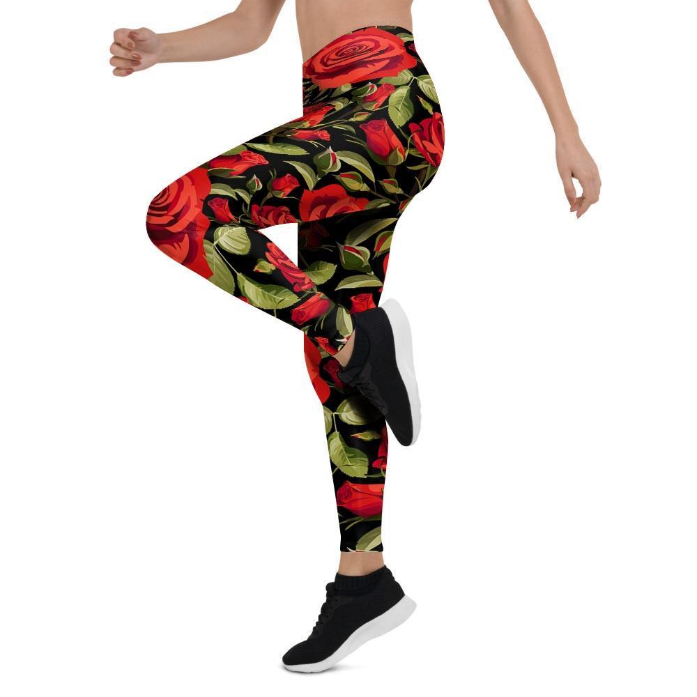 Red Rose Floral Women's Leggings-grizzshop