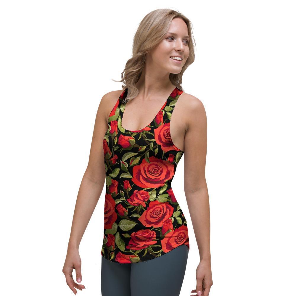 Red Rose Floral Women's Racerback Tank Top-grizzshop