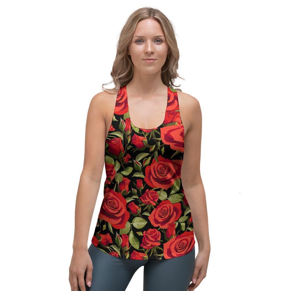 Red Rose Floral Women's Racerback Tank Top-grizzshop