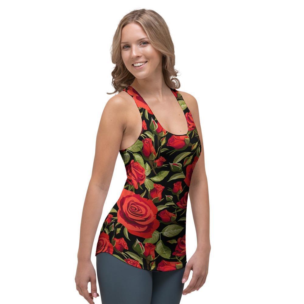 Red Rose Floral Women's Racerback Tank Top-grizzshop
