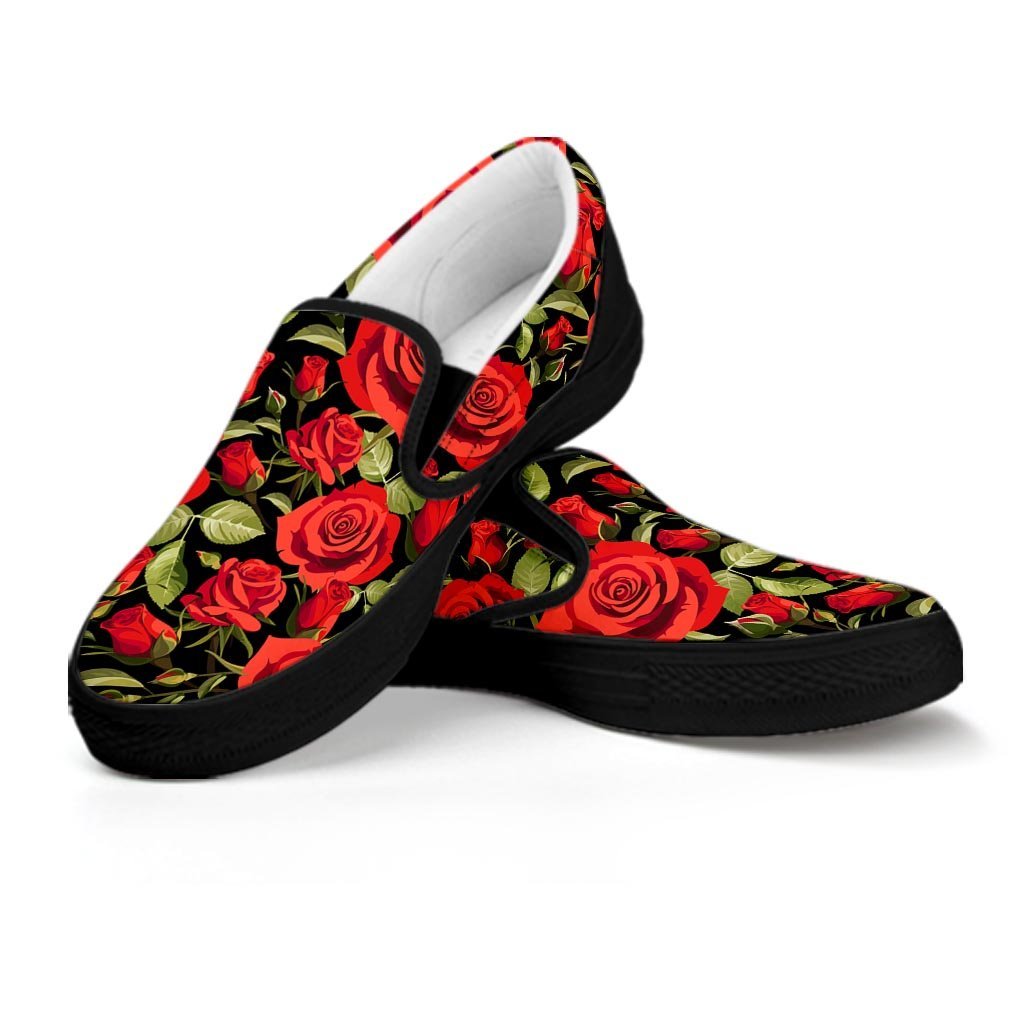 Red Rose Floral Women's Slip On Sneakers-grizzshop