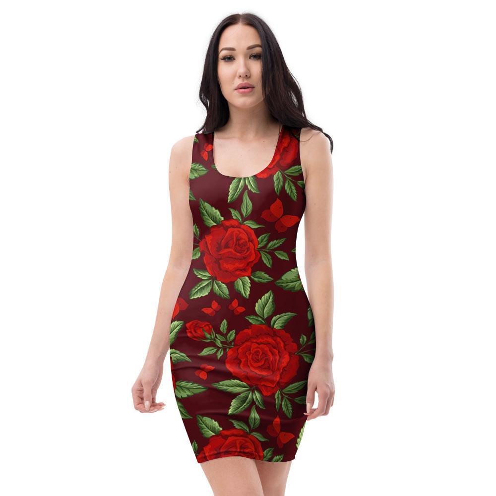 Red Rose Flower Bodycon Dress-grizzshop
