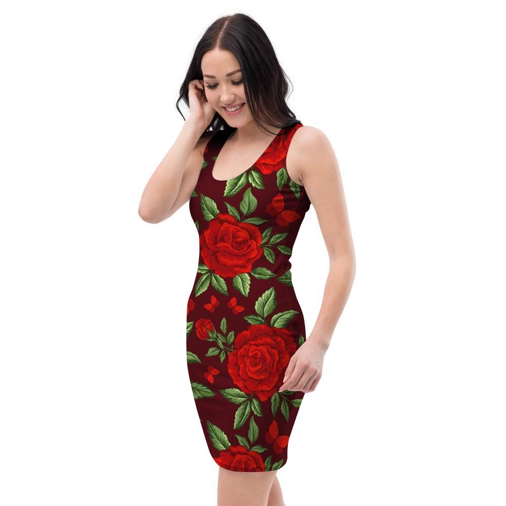 Red Rose Flower Bodycon Dress-grizzshop