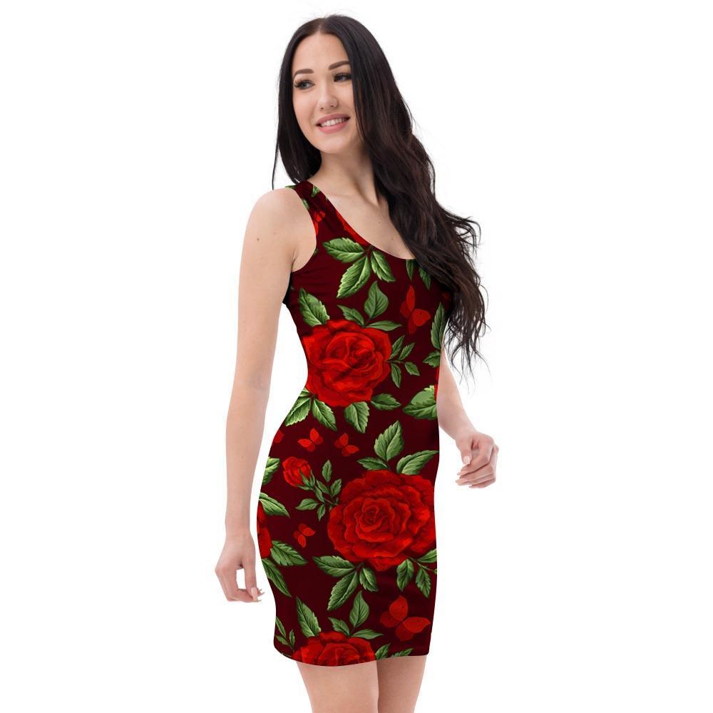 Red Rose Flower Bodycon Dress-grizzshop
