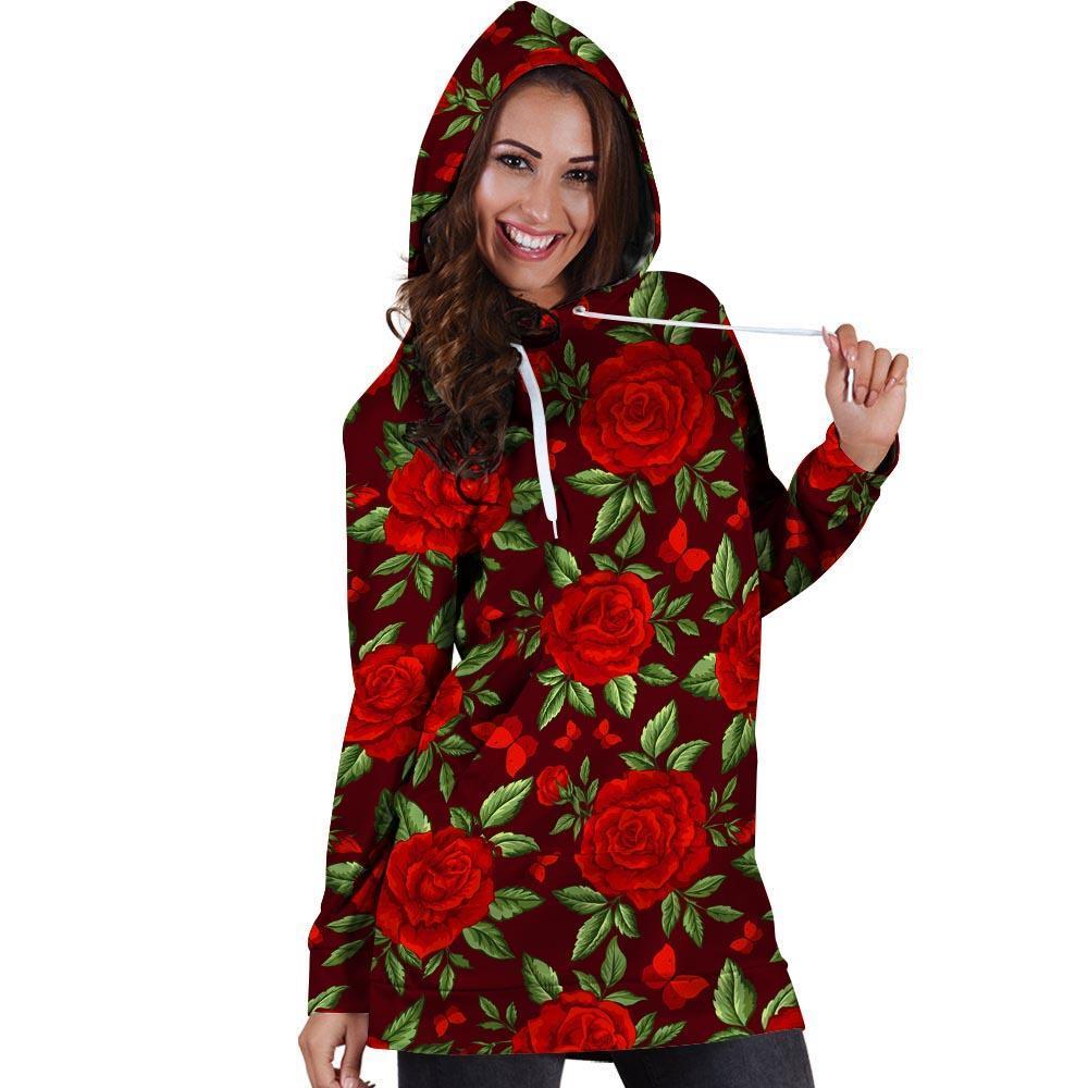 Red Rose Flower Hoodie Dress-grizzshop