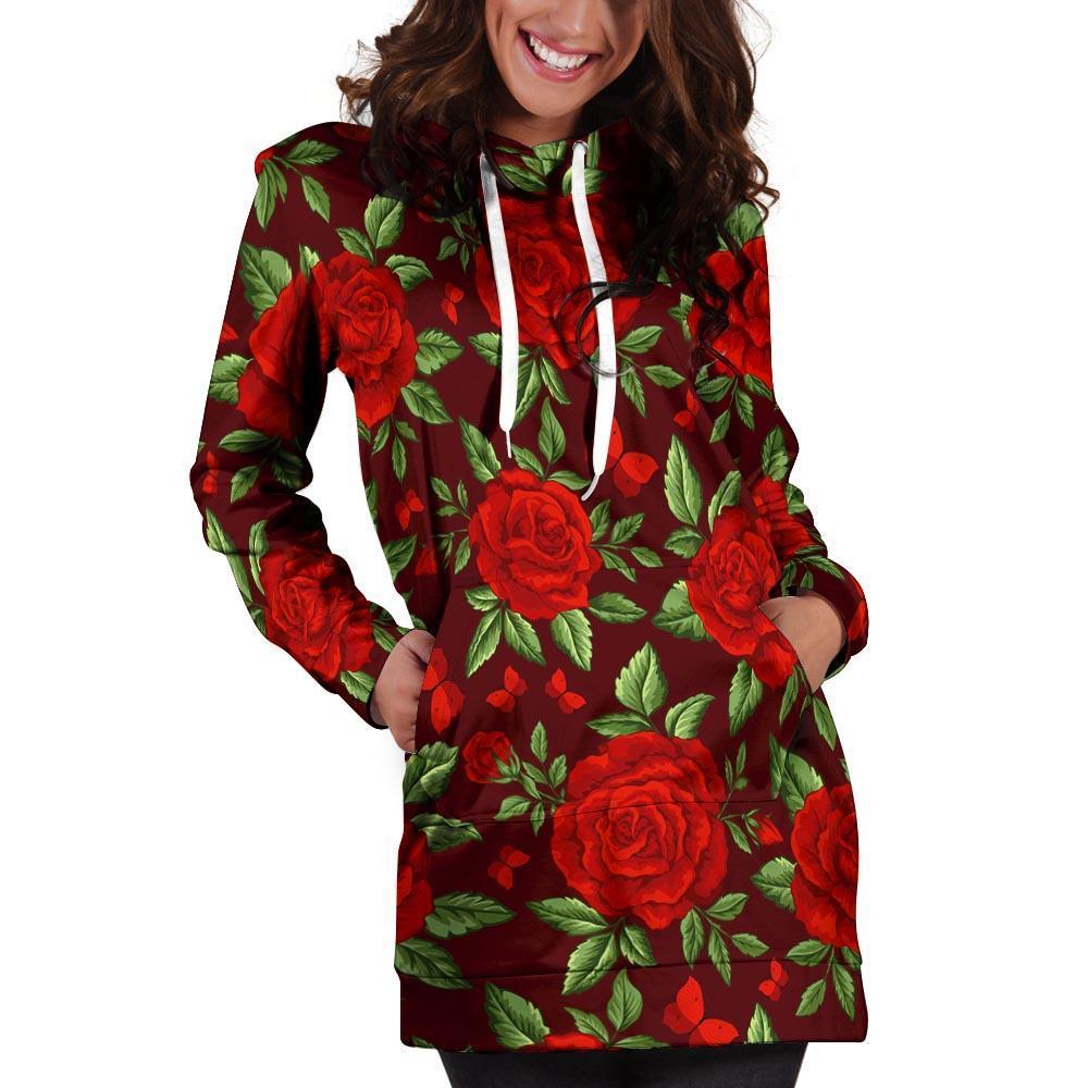 Red Rose Flower Hoodie Dress-grizzshop