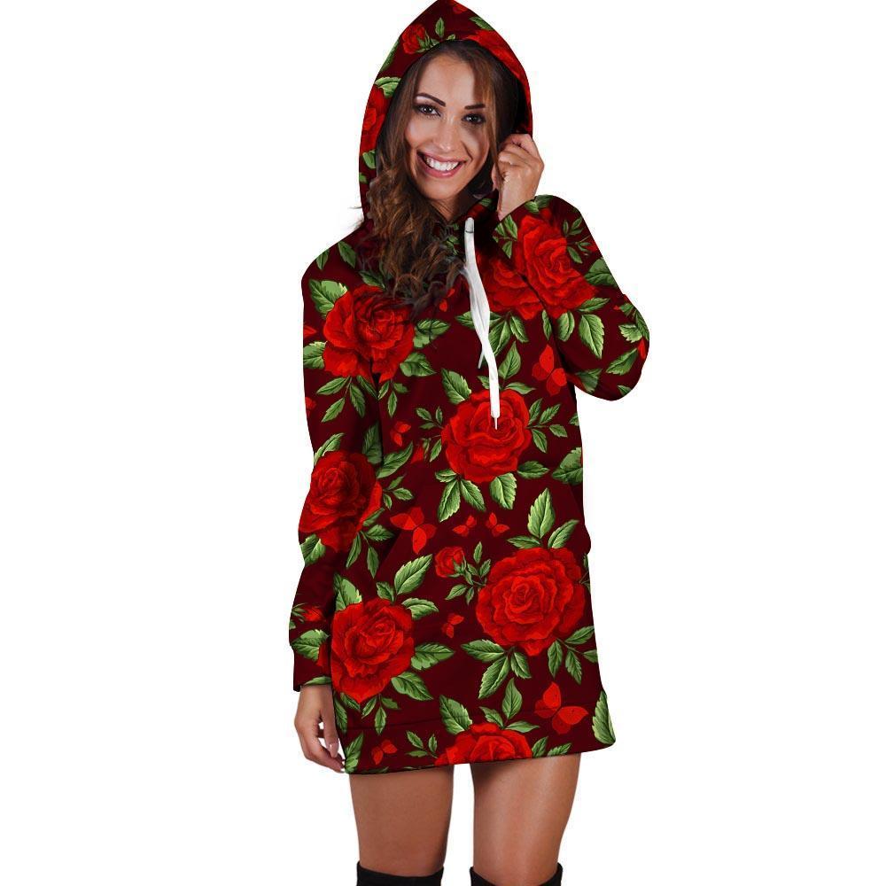 Red Rose Flower Hoodie Dress-grizzshop