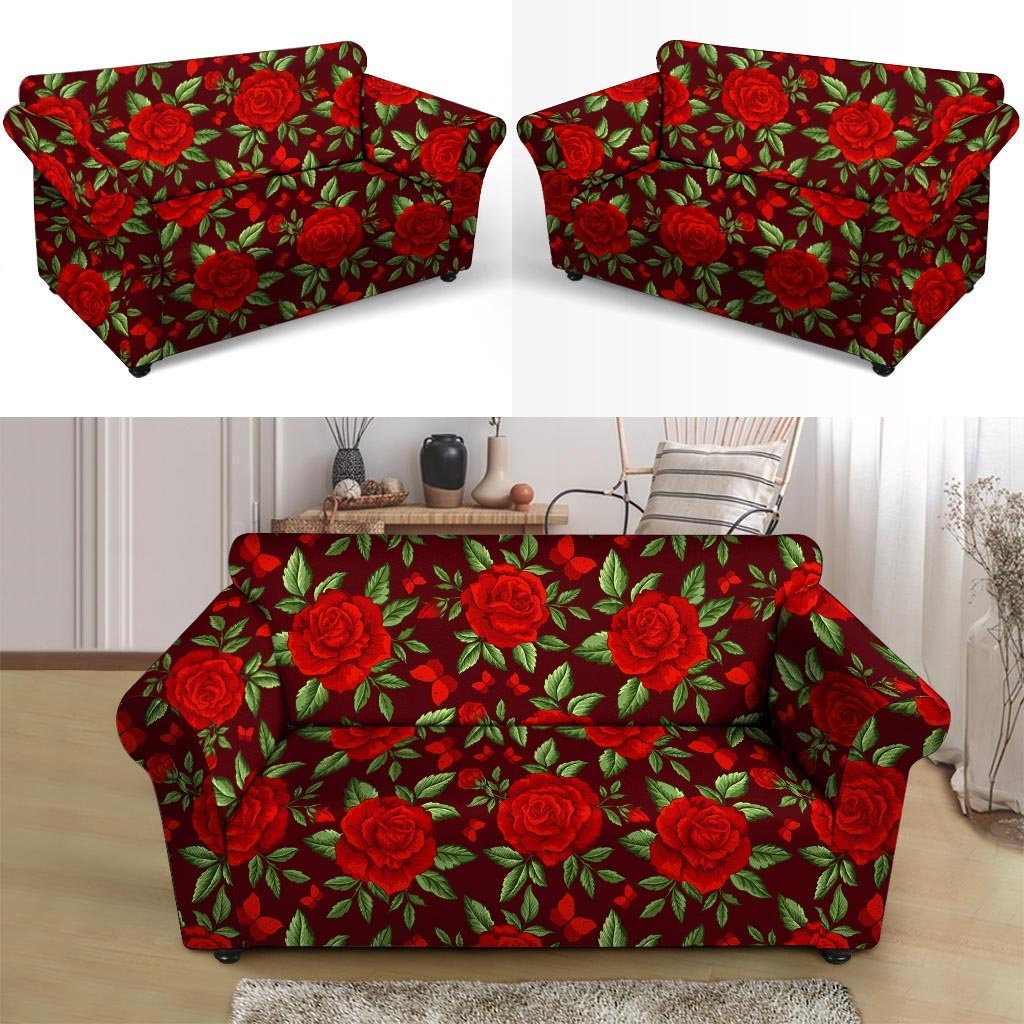 Red Rose Flower Loveseat Cover-grizzshop