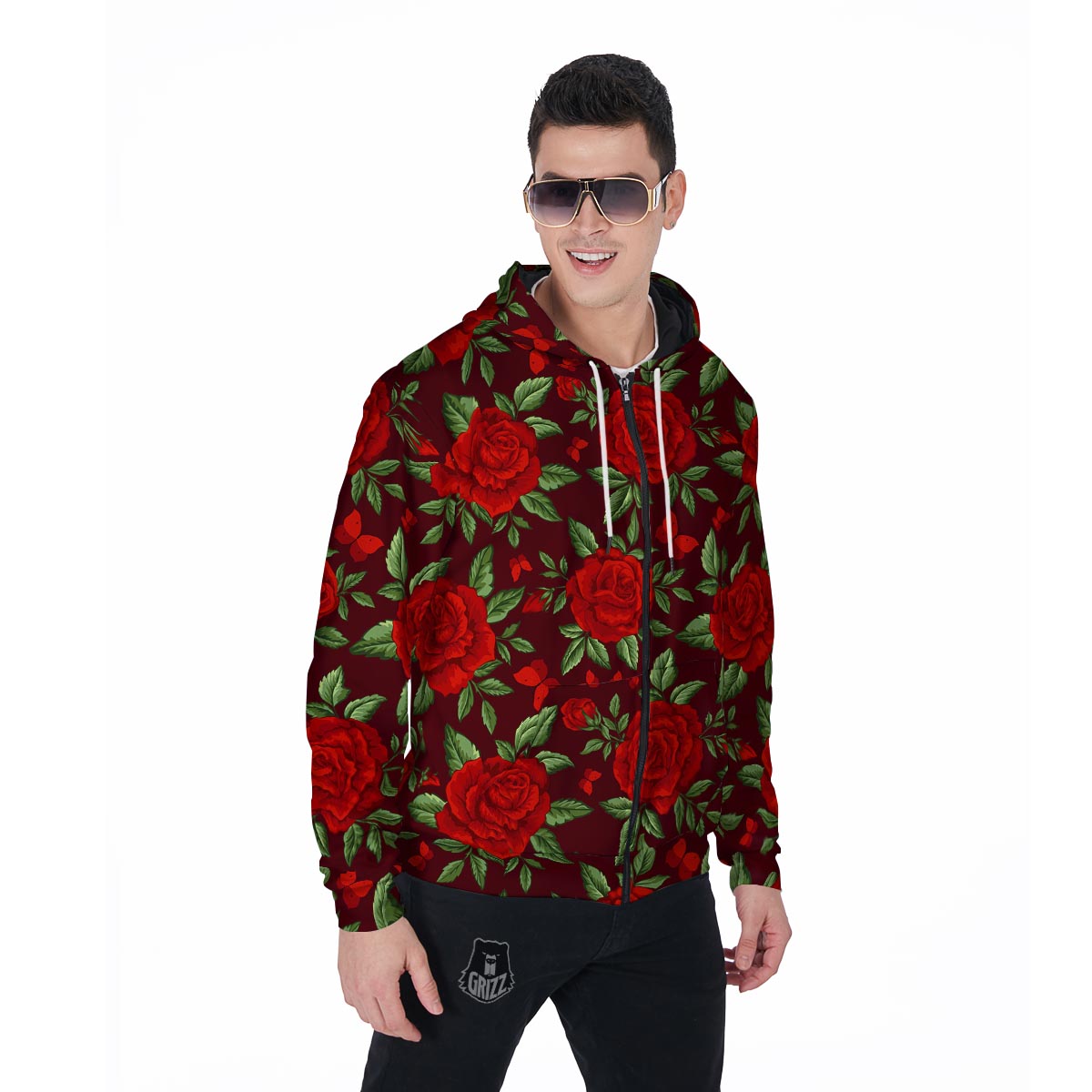 Red Rose Flower Men's Zip Up Hoodie-grizzshop