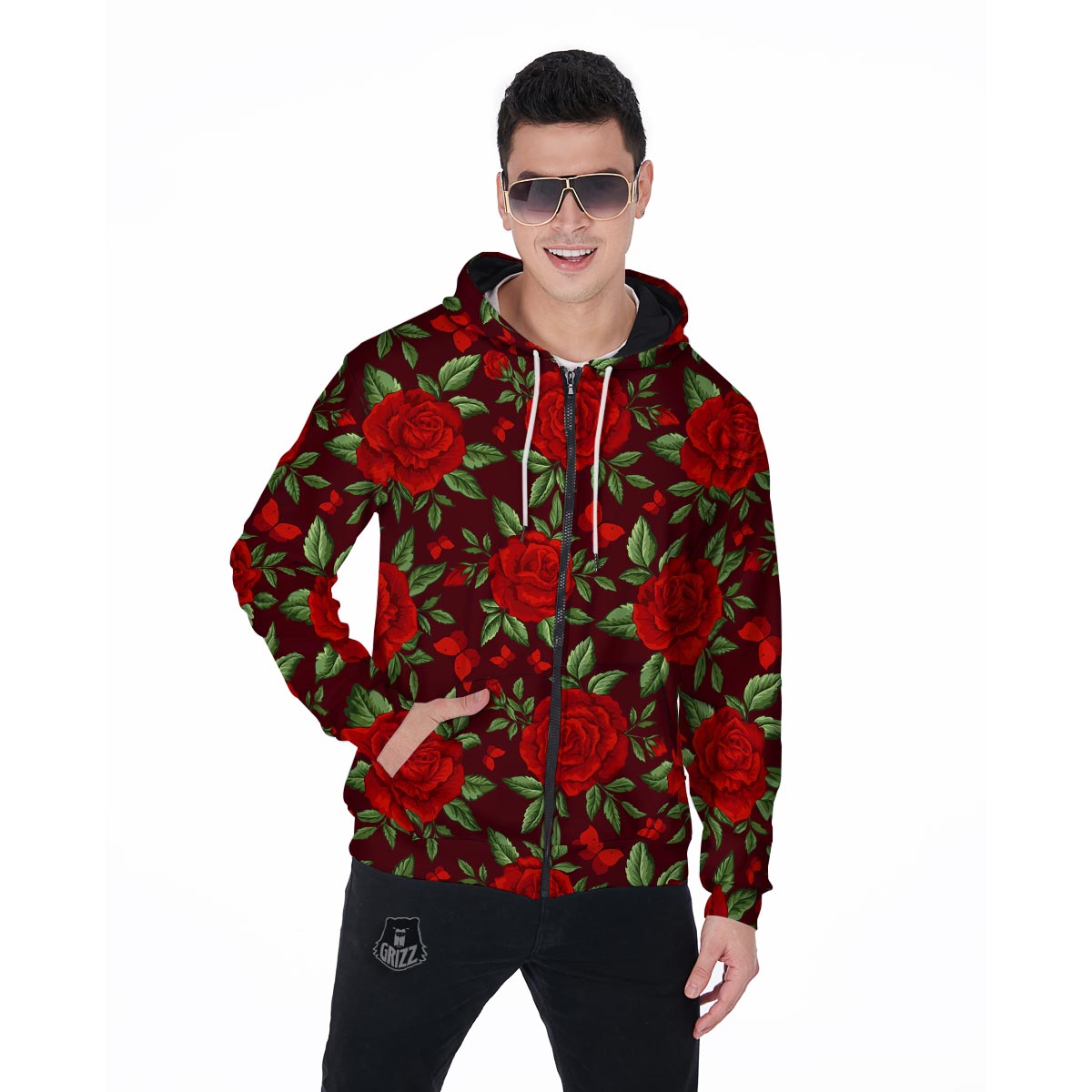 Red Rose Flower Men's Zip Up Hoodie-grizzshop
