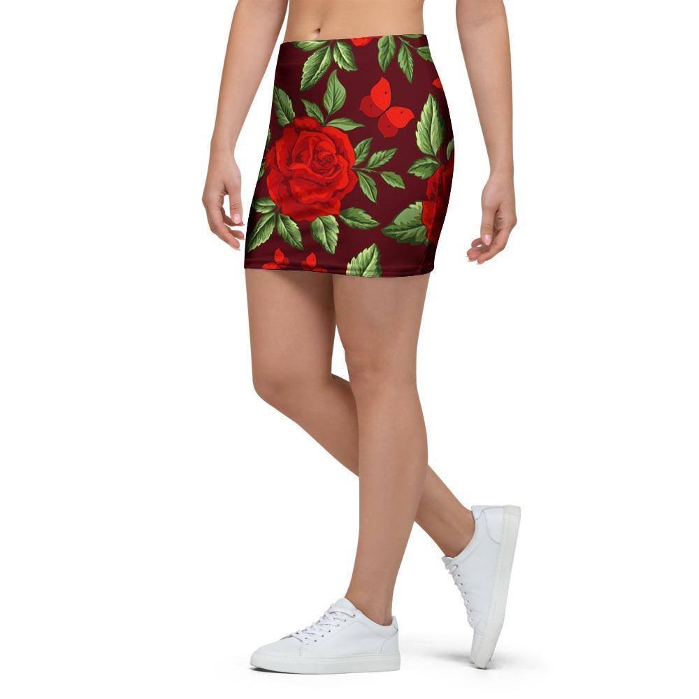 Red Rose Flower Mini Skirt-grizzshop