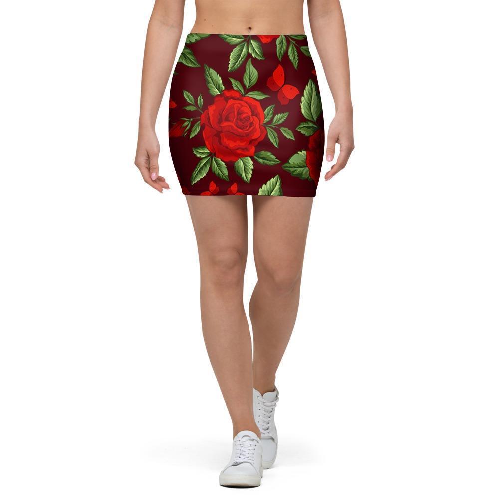 Red Rose Flower Mini Skirt-grizzshop