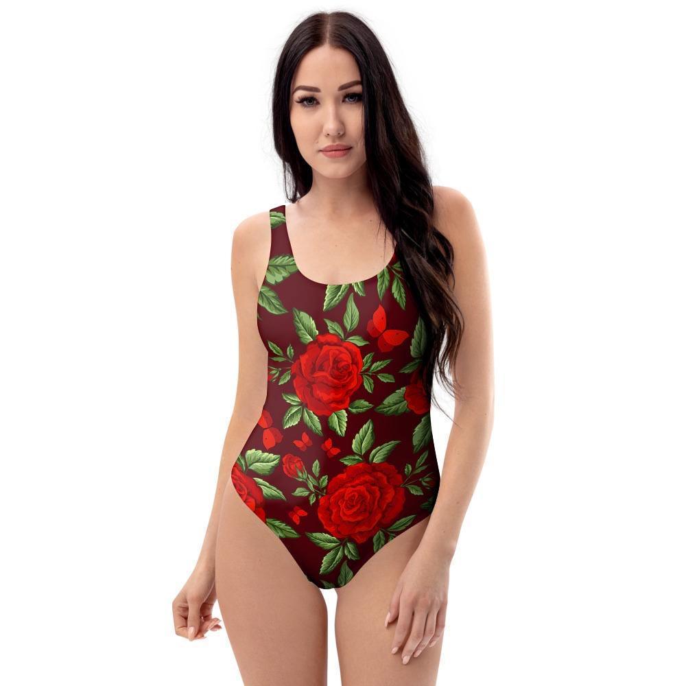 Red Rose Flower One Piece Swimsuite-grizzshop