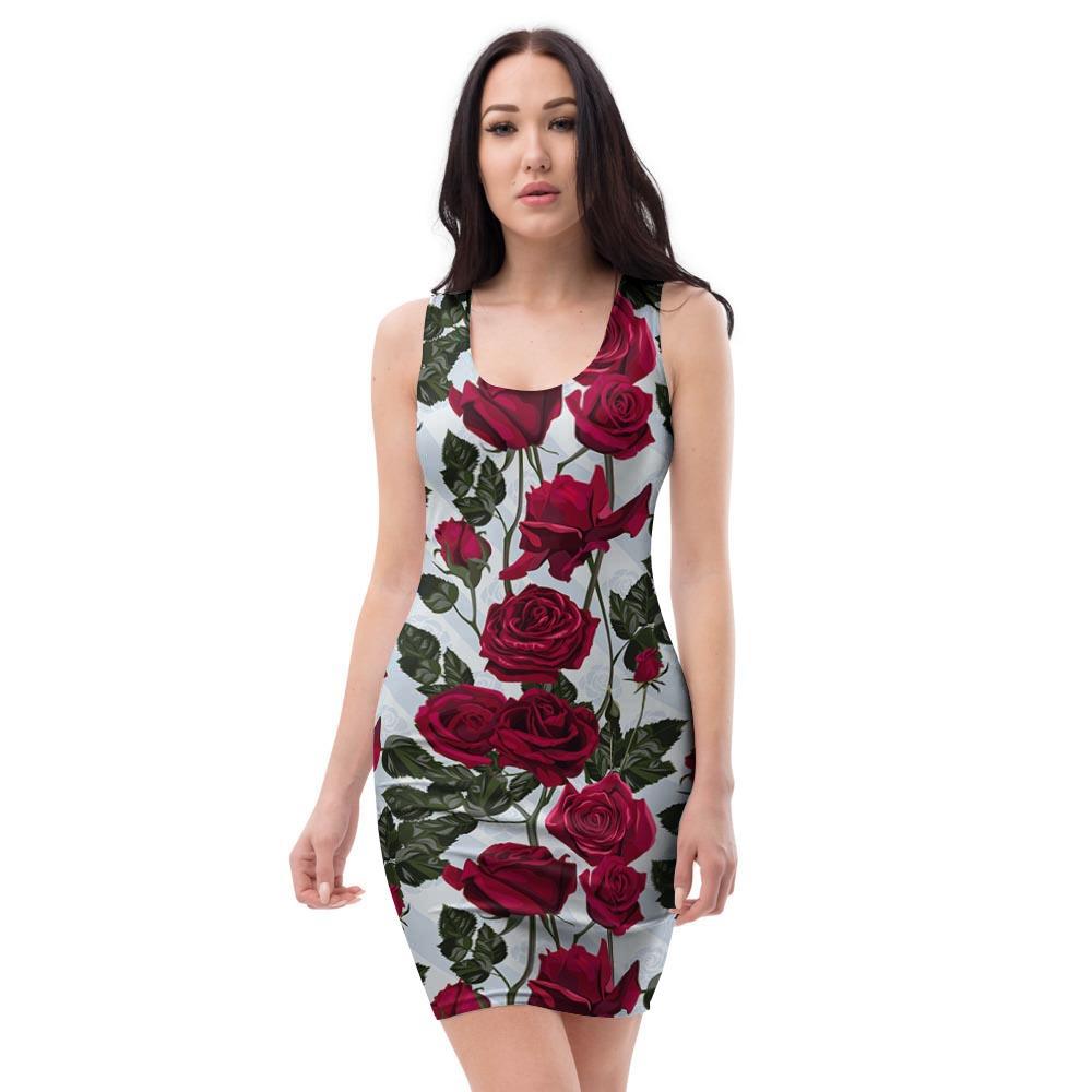 Red Rose Flower Print Bodycon Dress-grizzshop