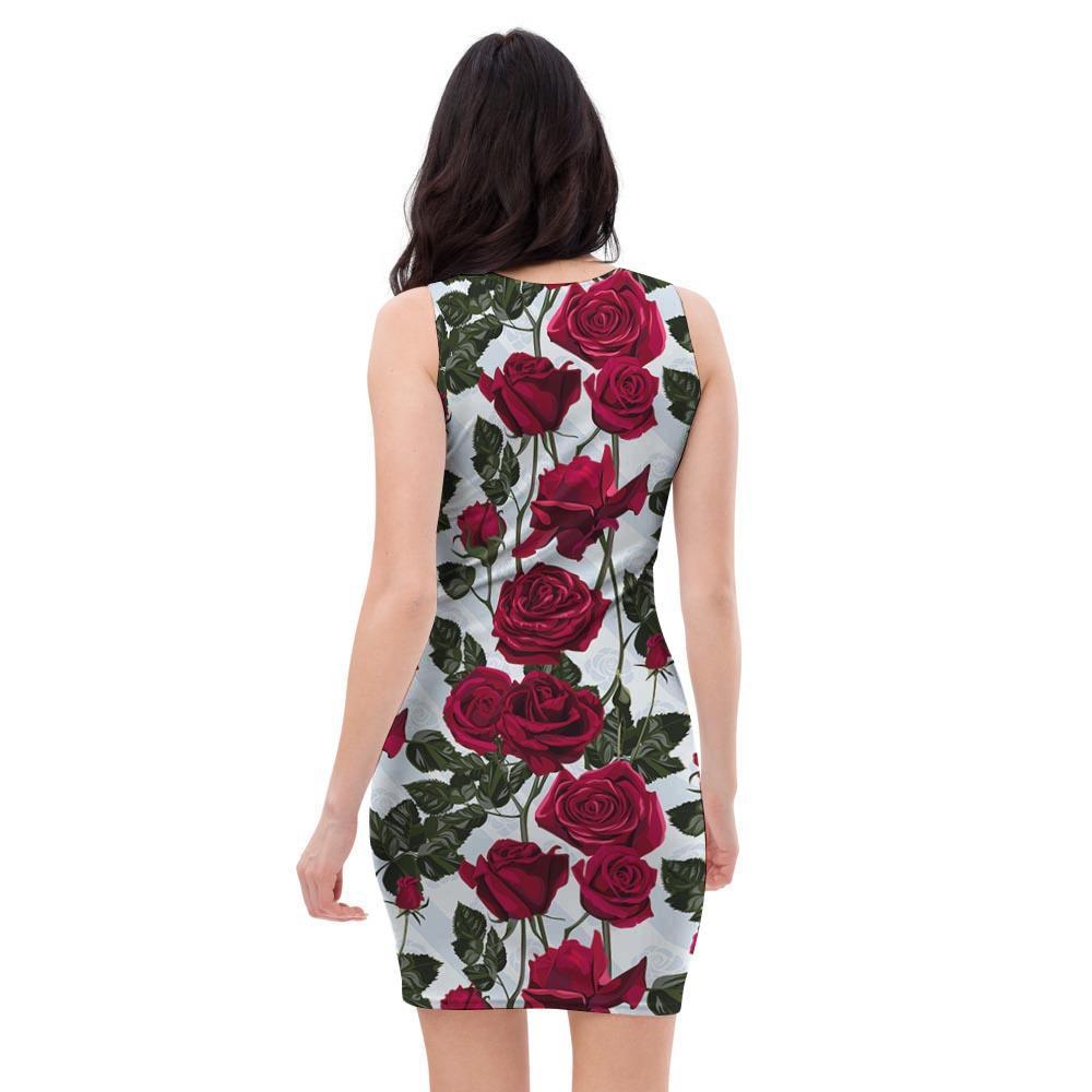 Red Rose Flower Print Bodycon Dress-grizzshop