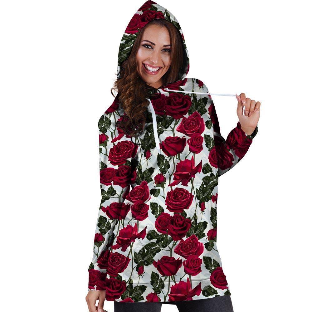 Red Rose Flower Print Hoodie Dress-grizzshop