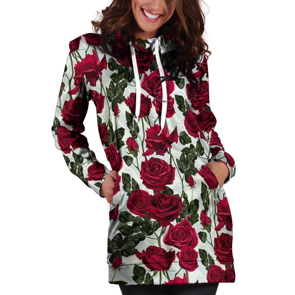 Red Rose Flower Print Hoodie Dress-grizzshop