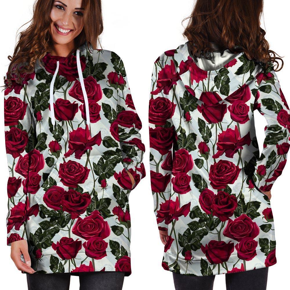 Red Rose Flower Print Hoodie Dress-grizzshop