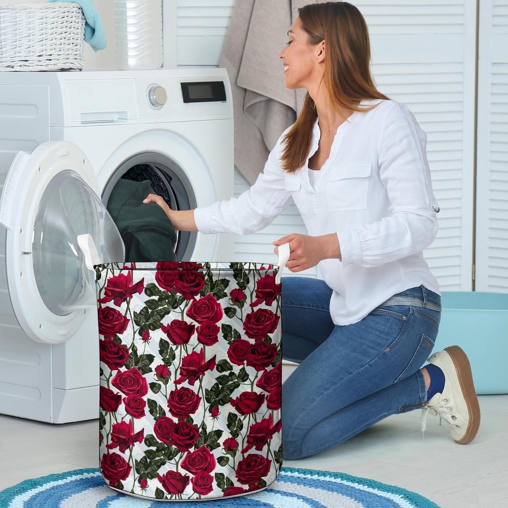 Red Rose Flower Print Laundry Basket-grizzshop