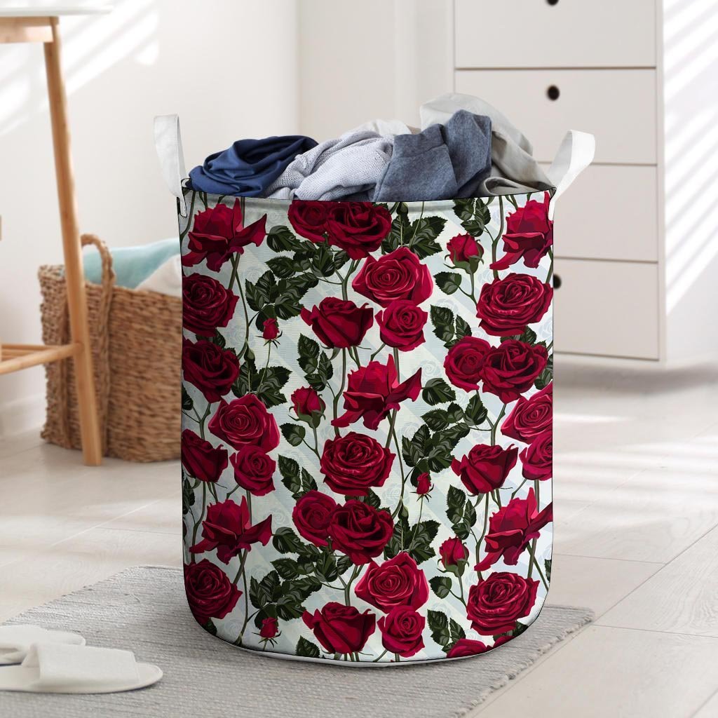 Red Rose Flower Print Laundry Basket-grizzshop