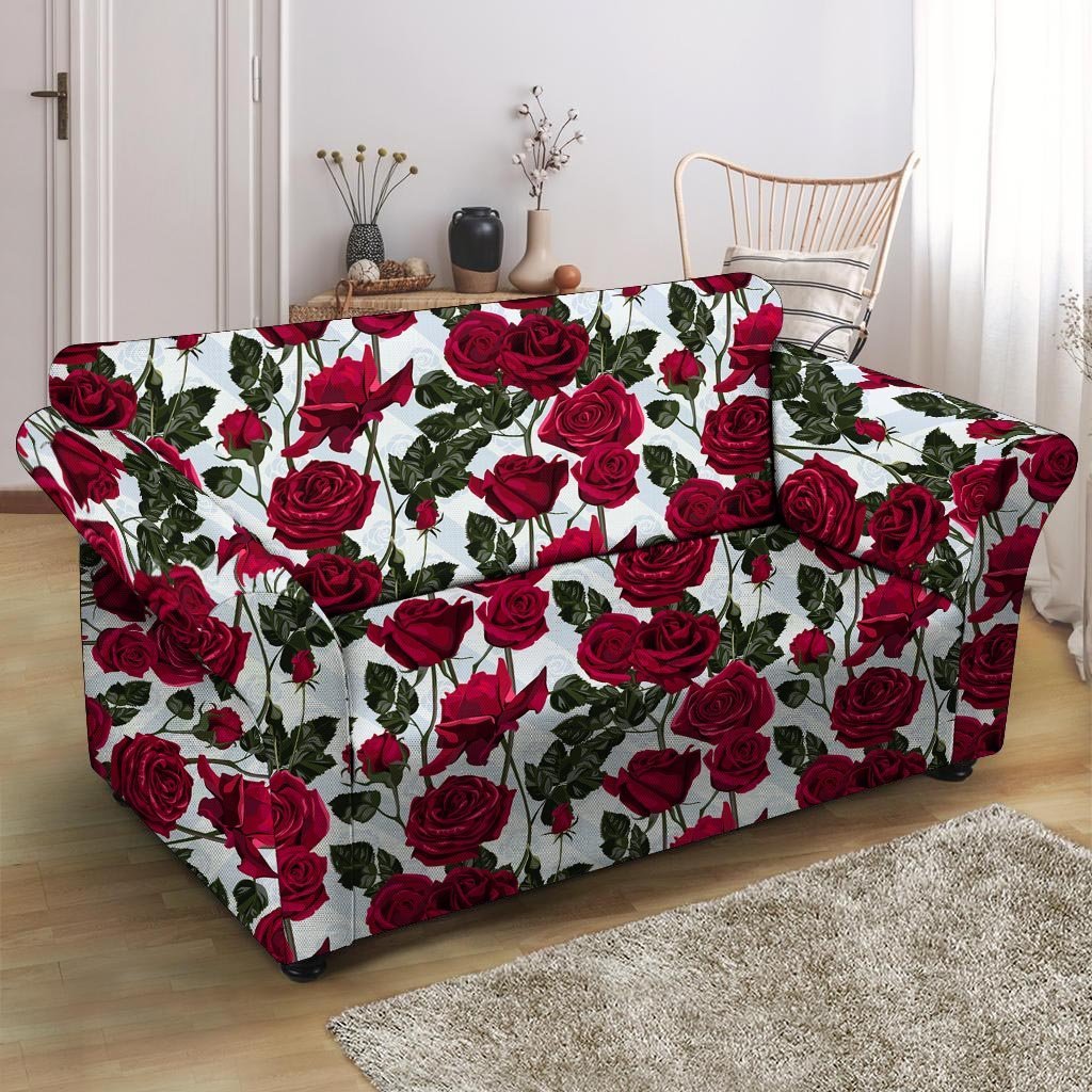 Red Rose Flower Print Loveseat Cover-grizzshop