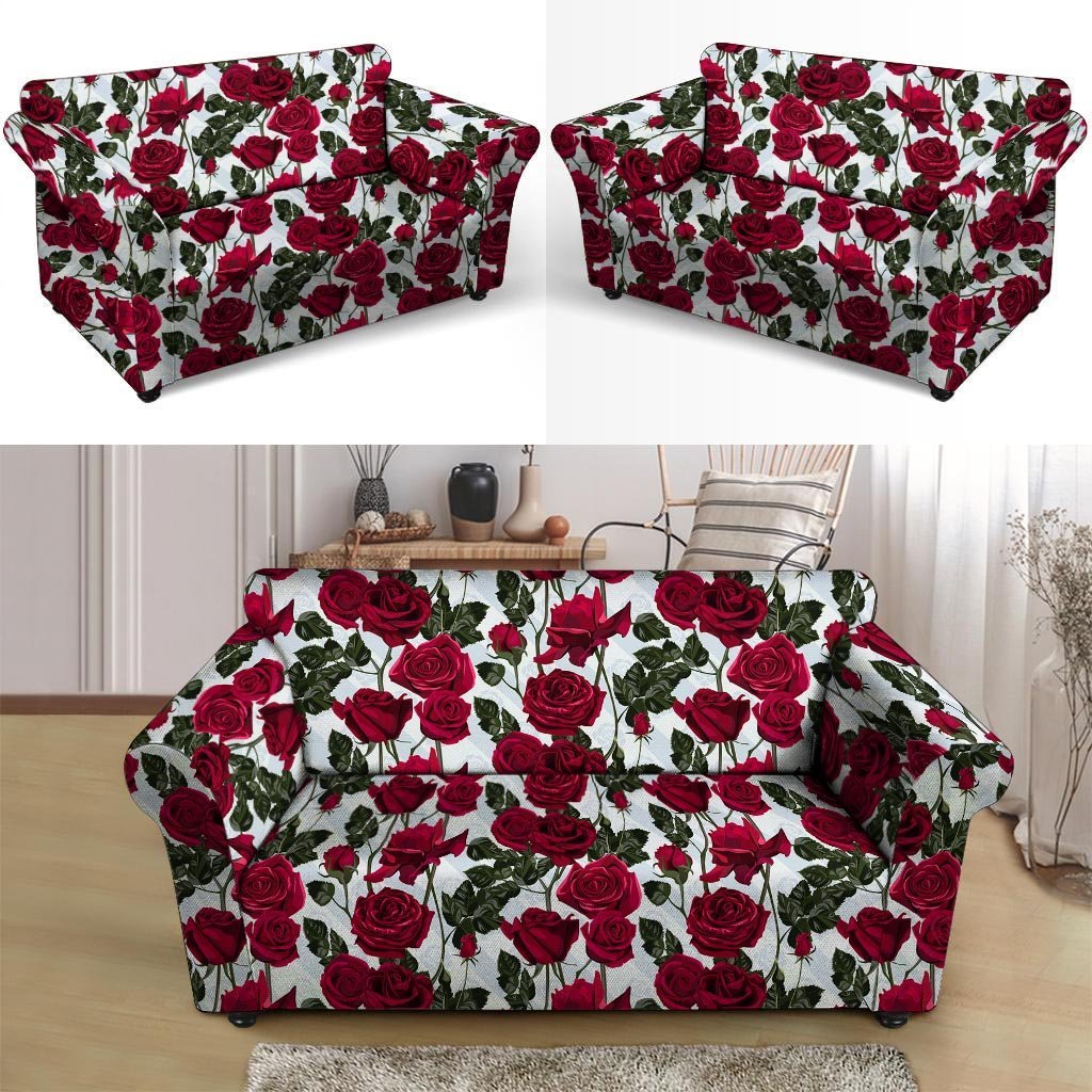 Red Rose Flower Print Loveseat Cover-grizzshop