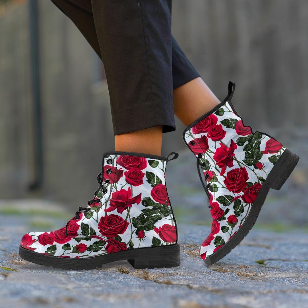 Red Rose Flower Print Men's Boots-grizzshop