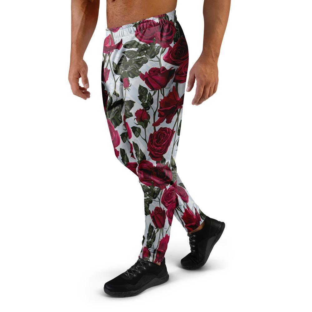 Red Rose Flower Print Men's Joggers-grizzshop