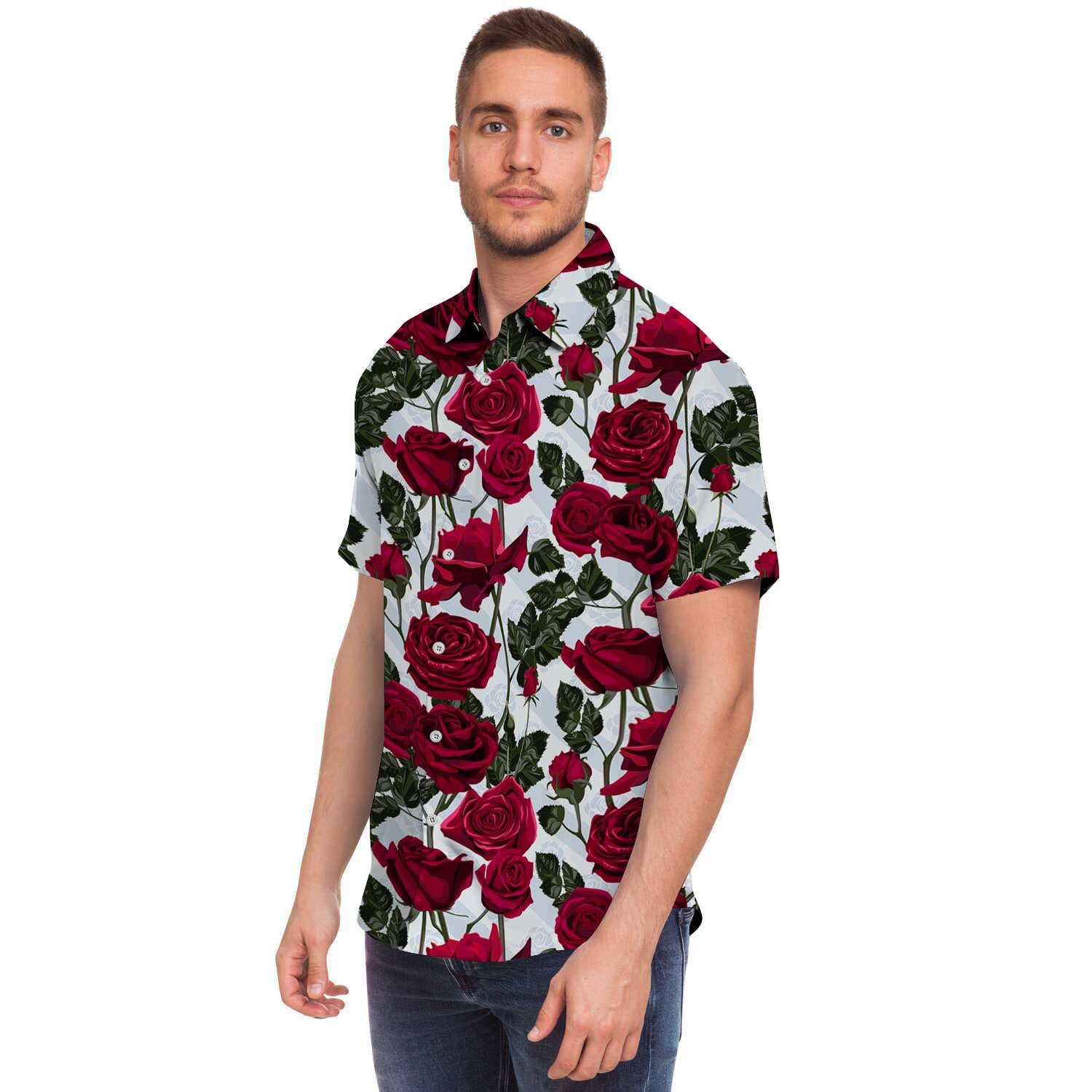 Red Rose Flower Print Men's Short Sleeve Shirt-grizzshop