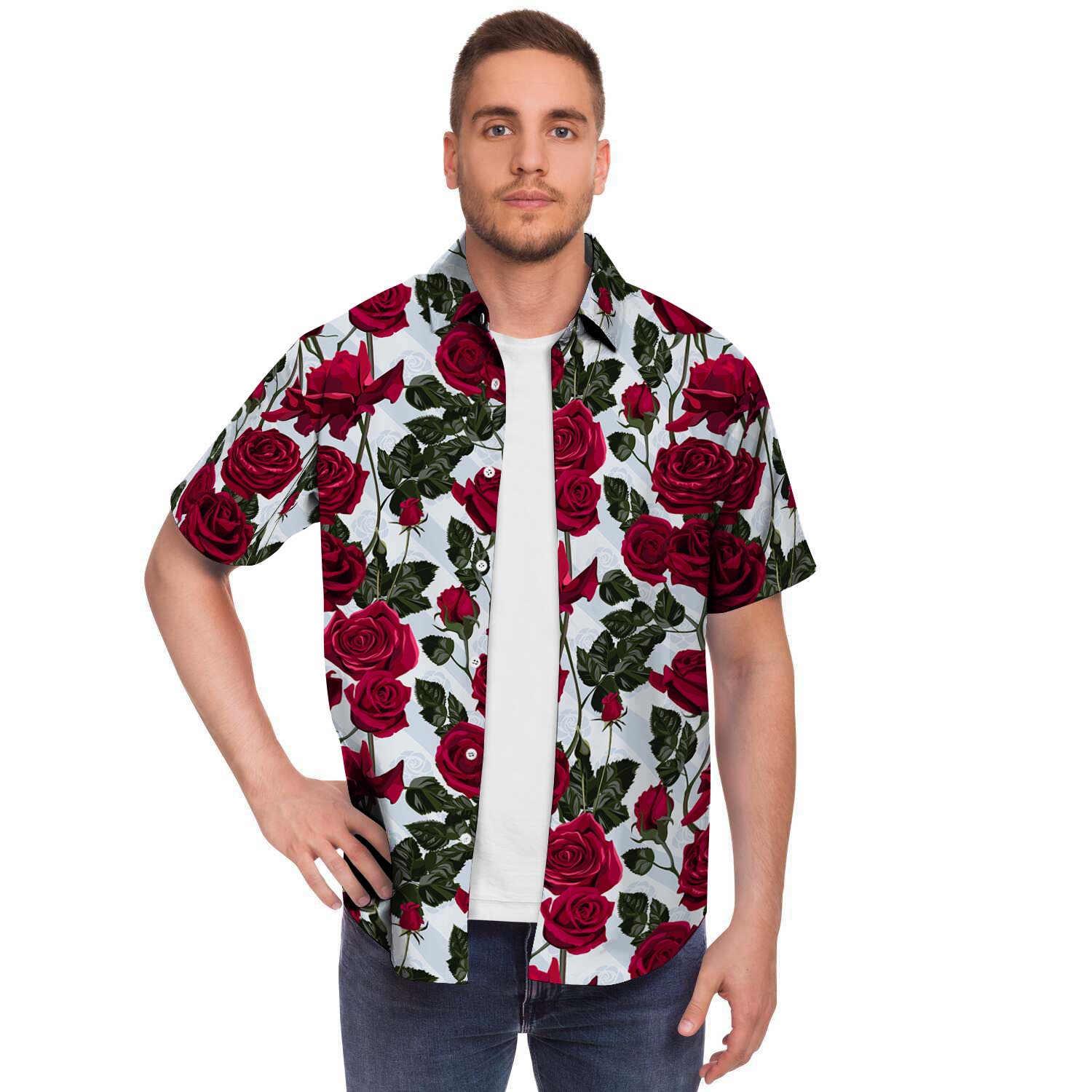 Red Rose Flower Print Men's Short Sleeve Shirt-grizzshop