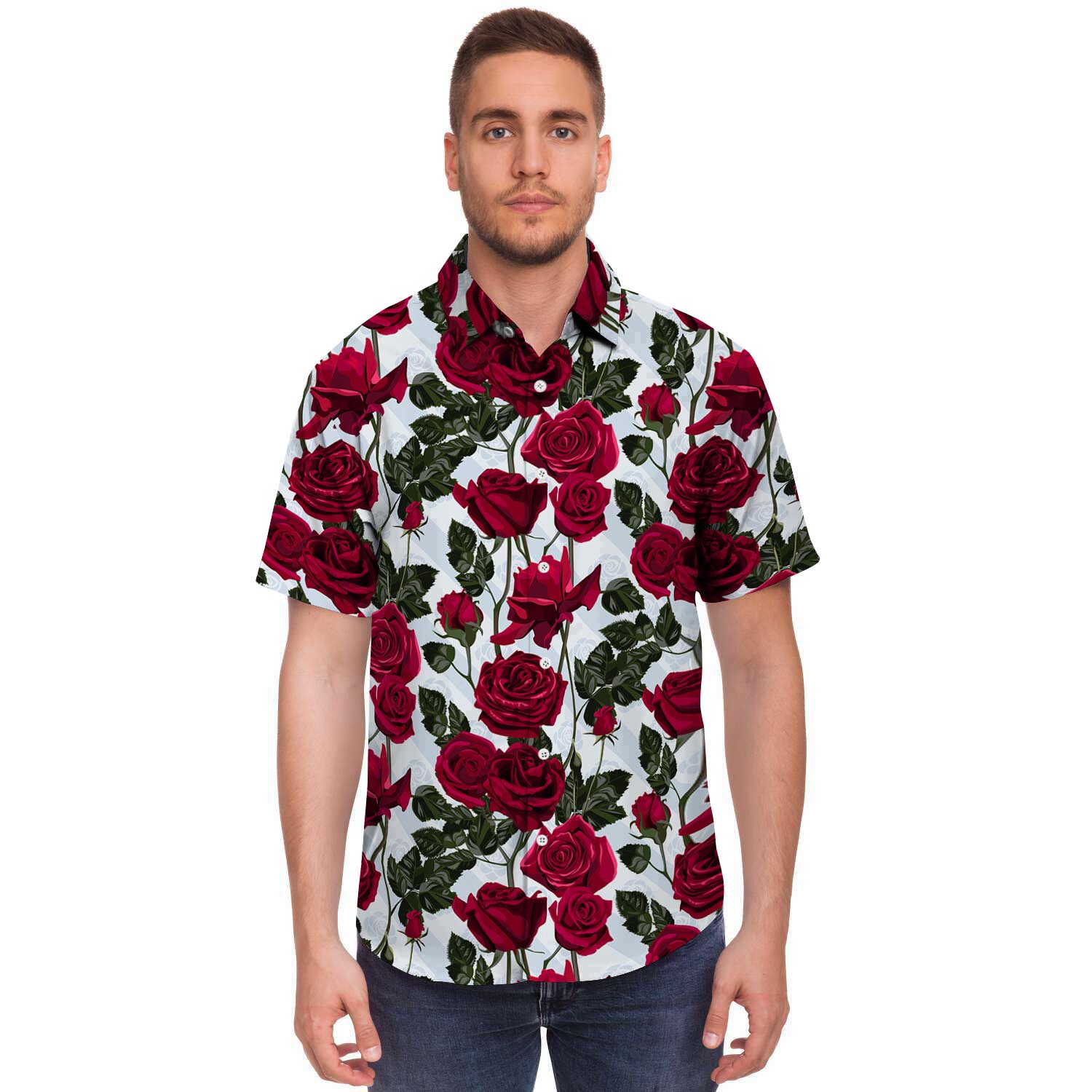 Red Rose Flower Print Men's Short Sleeve Shirt-grizzshop