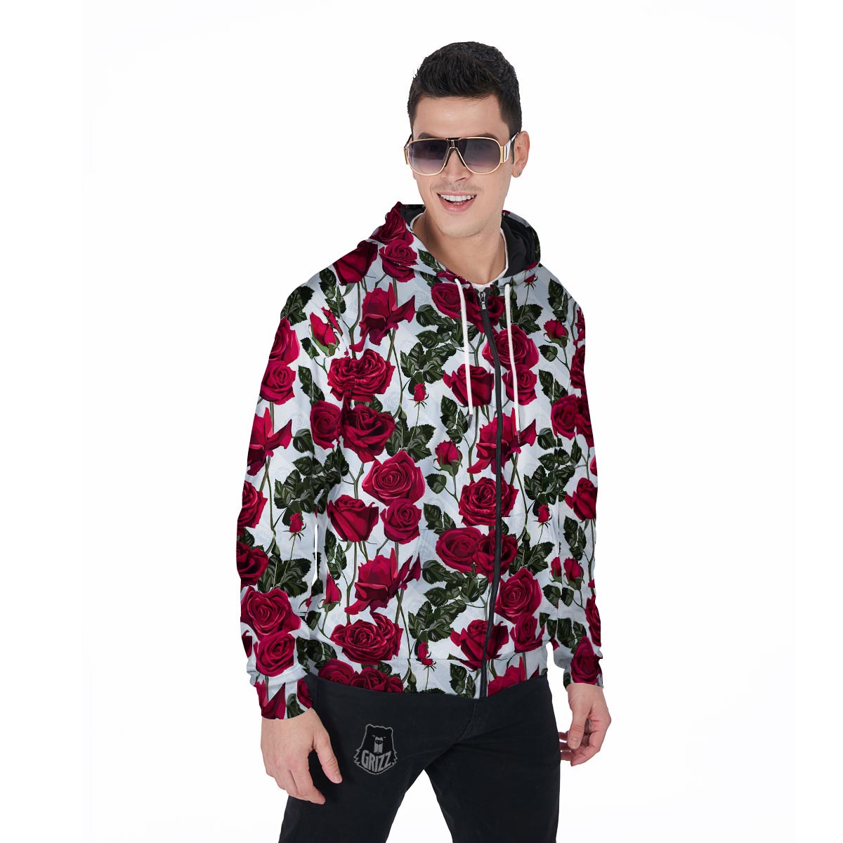 Red Rose Flower Print Men's Zip Up Hoodie-grizzshop