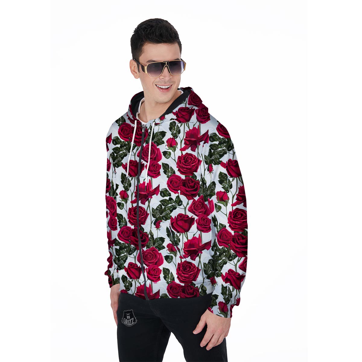 Red Rose Flower Print Men's Zip Up Hoodie-grizzshop