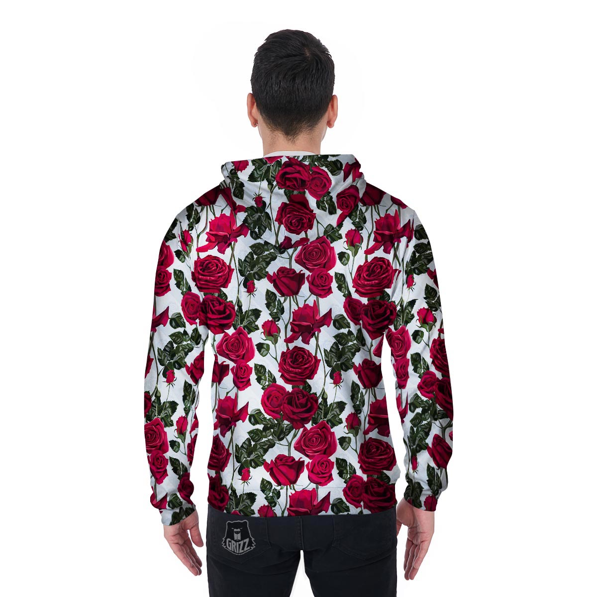 Red Rose Flower Print Men's Zip Up Hoodie-grizzshop
