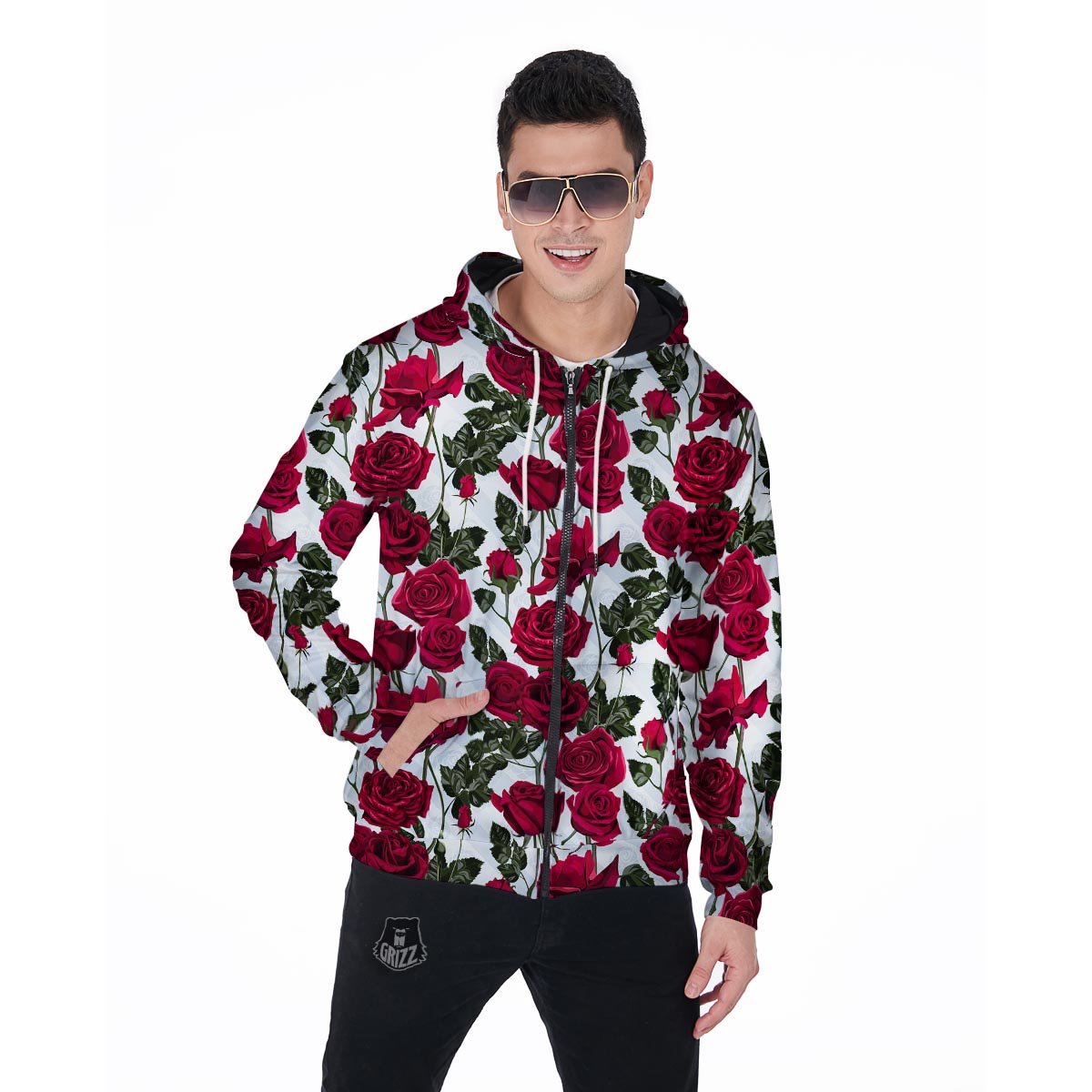 Red Rose Flower Print Men's Zip Up Hoodie-grizzshop